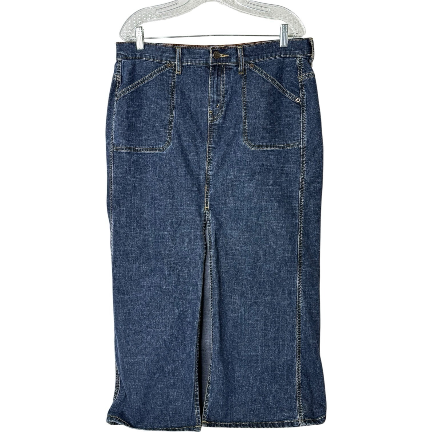 Levi Strauss Stretch Blue Jean Denim Maxi Skirt Pockets Front Slit Misses 12